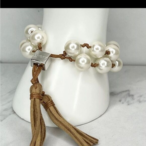 Chico's Faux Pearl Bracelet Adjustable Slide Brown Leather 10mm Glass Bead 7-9" - Picture 5 of 9